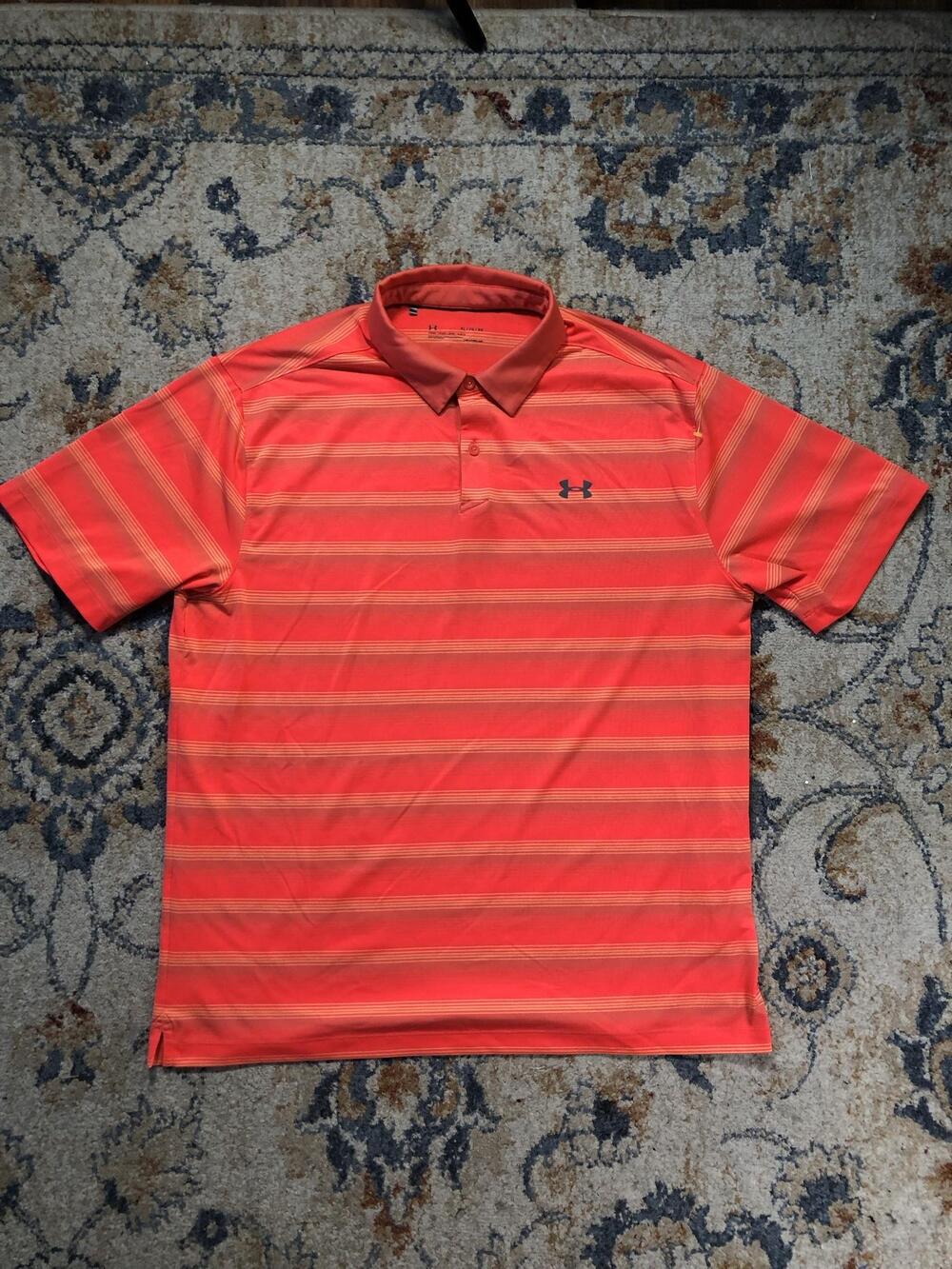 Under Armour Polo Shirt Mens XL Orange Stripe HeatGear Golf Casual Short Sleeve